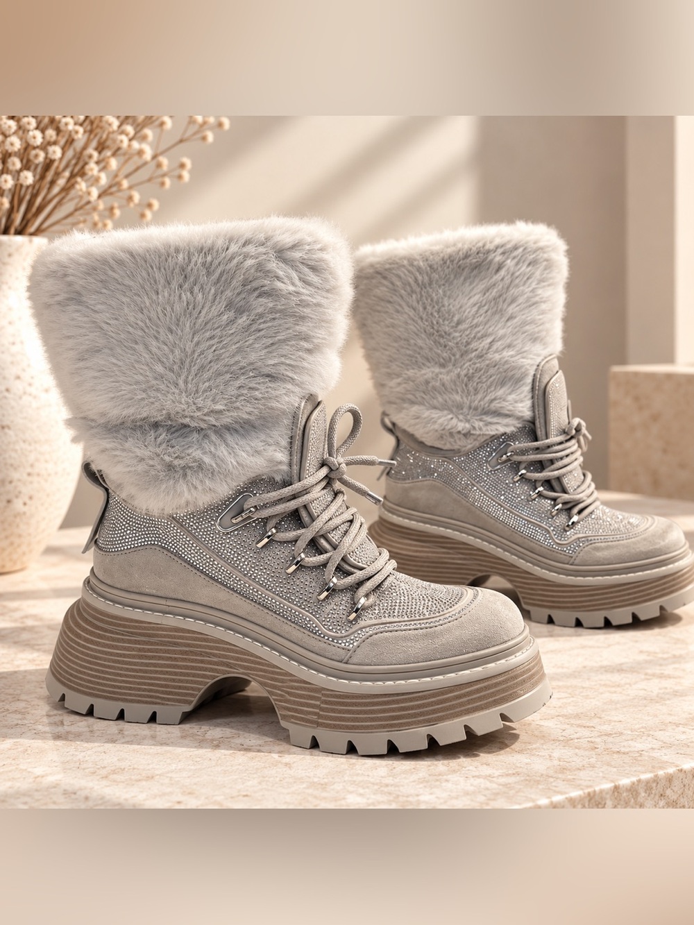 NEW Michael Kors Shiloh Mixed-Media Platform Boots – Bone – Size 8M